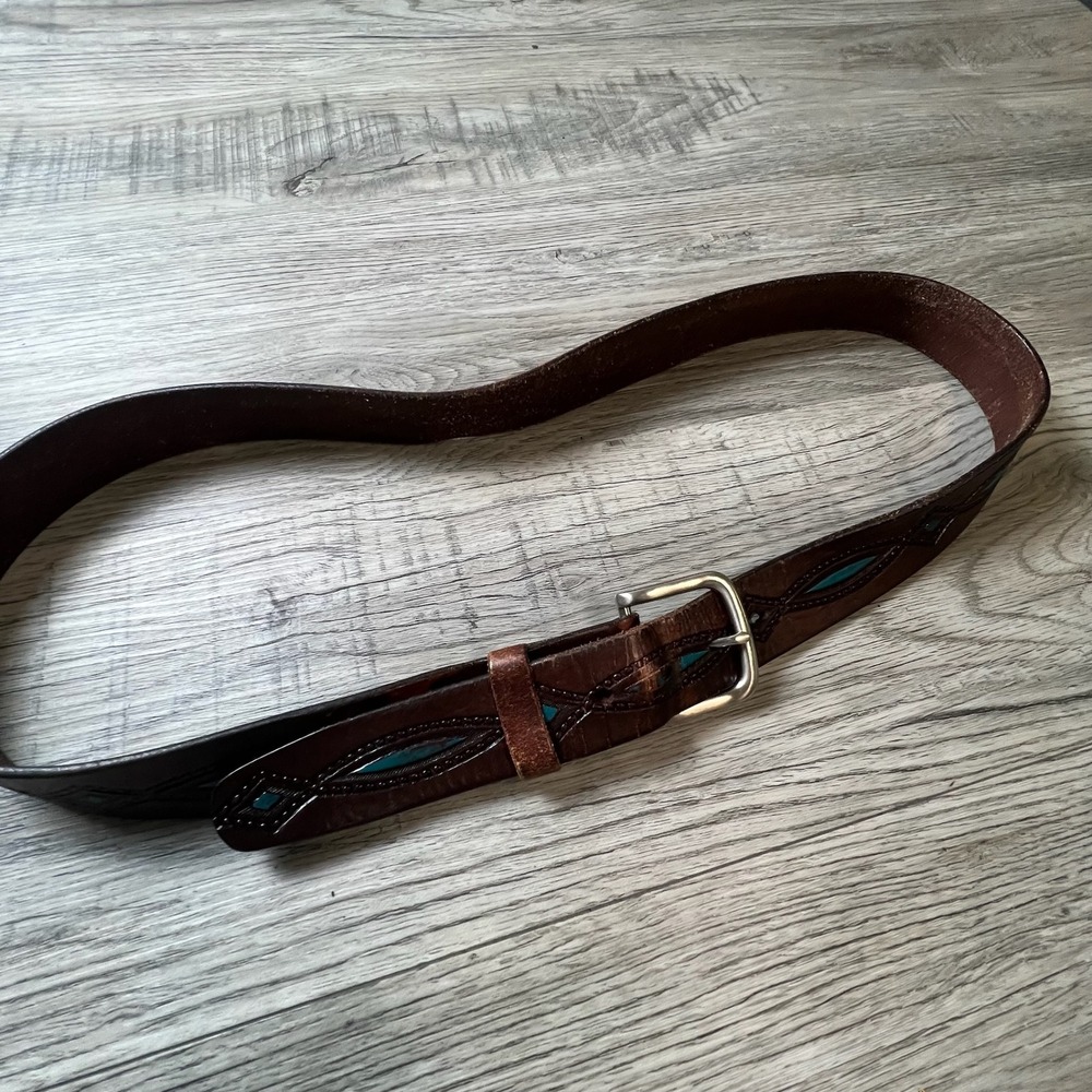 Unbranded Leather Belt Unisex 48 Brown Tooled Turquoise Western Cowboy Vintage